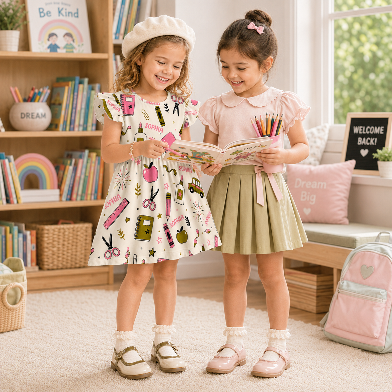 Personalized Back To School Classroom Buses Chalkboards Crayons Books Apples Teacher Student Print Coquette Ruffle Dress