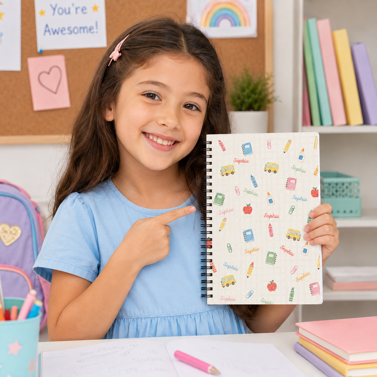 Personalized Pastel School Icons Doodles Pencils Books Apples Buses Stars Hearts Back To School Spiral Notebook