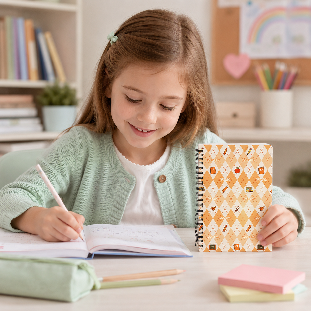 Personalized Pastel Argyle School Icons Pattern Pencils Books Apples Stars Hearts Back To School Spiral Notebook