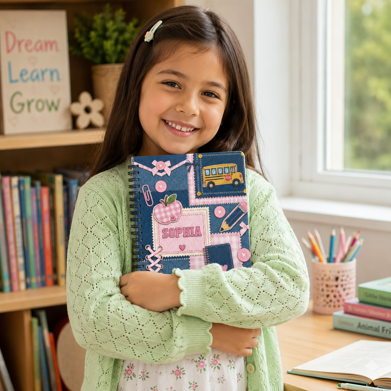 Personalized Denim Patchwork School Icons Pencils Bus Apple Hearts Stitched Pink Blue Back To School Spiral Notebook