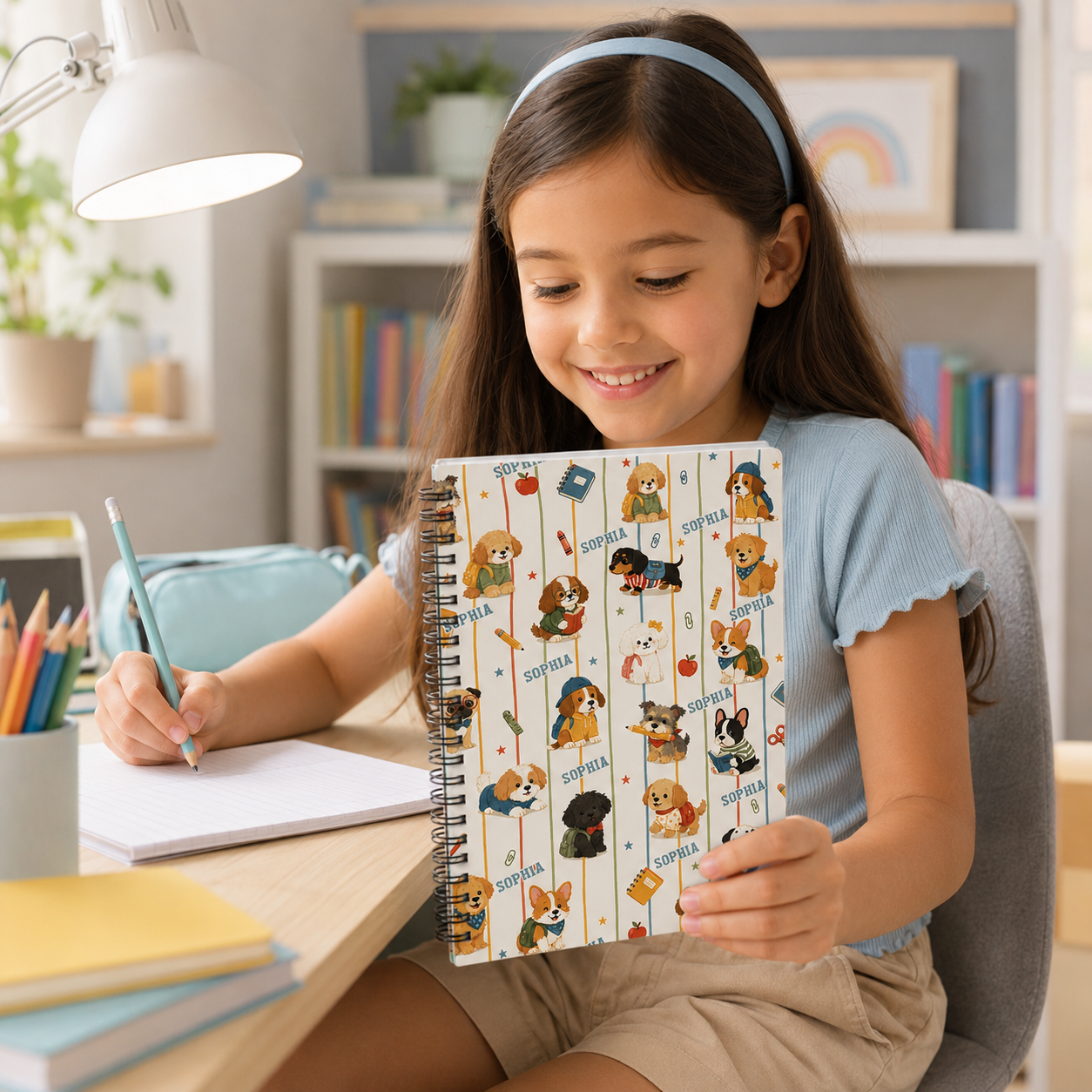 Personalized Cute School Dogs Pattern Backpacks Books Pencils Apples Hearts Back To School Kids Spiral Notebook
