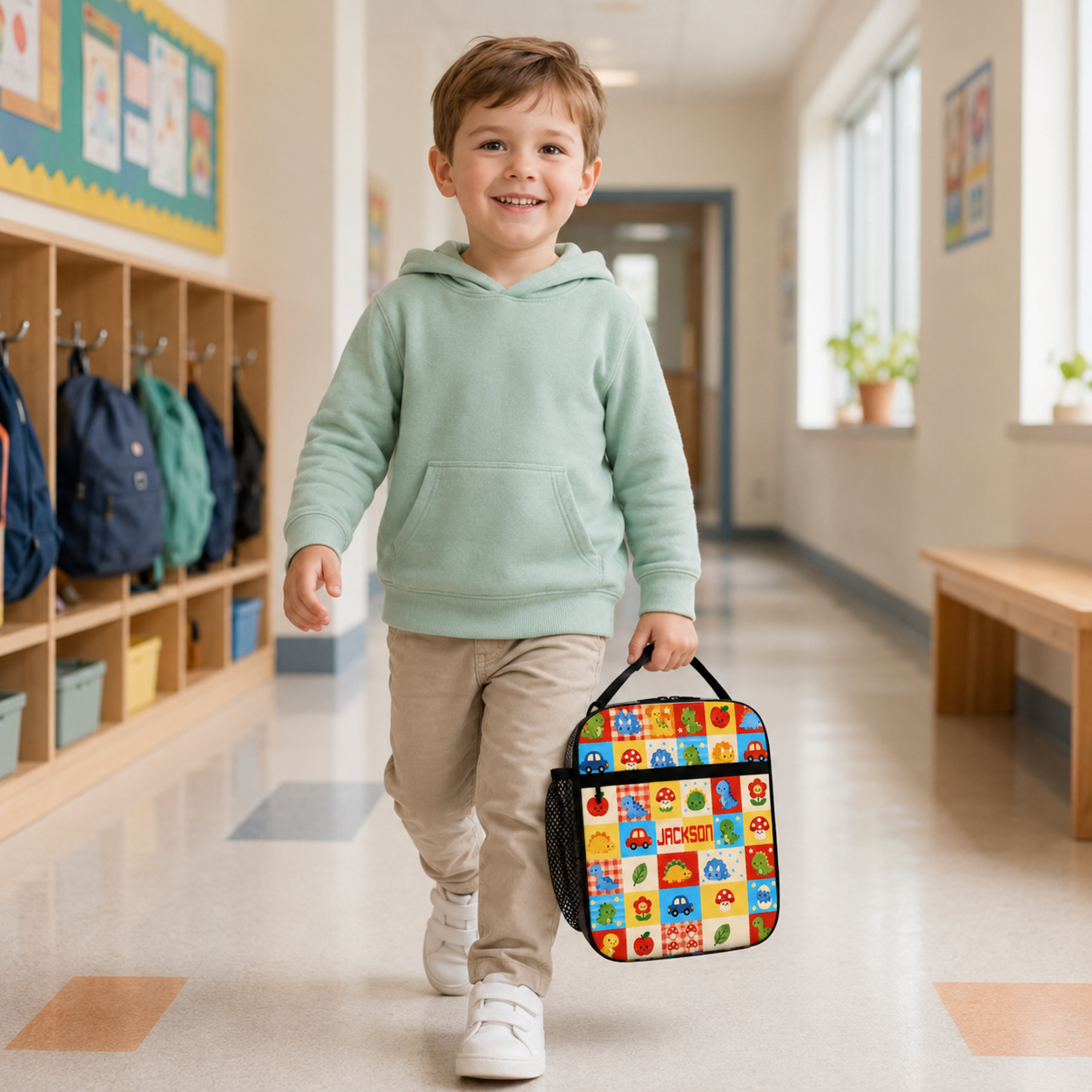 Personalized Bright Arcade Game Icons Pixel Monsters Joystick Retro Gamer Kids Name Colorful Blocks Pattern Insulated Lunch Bag