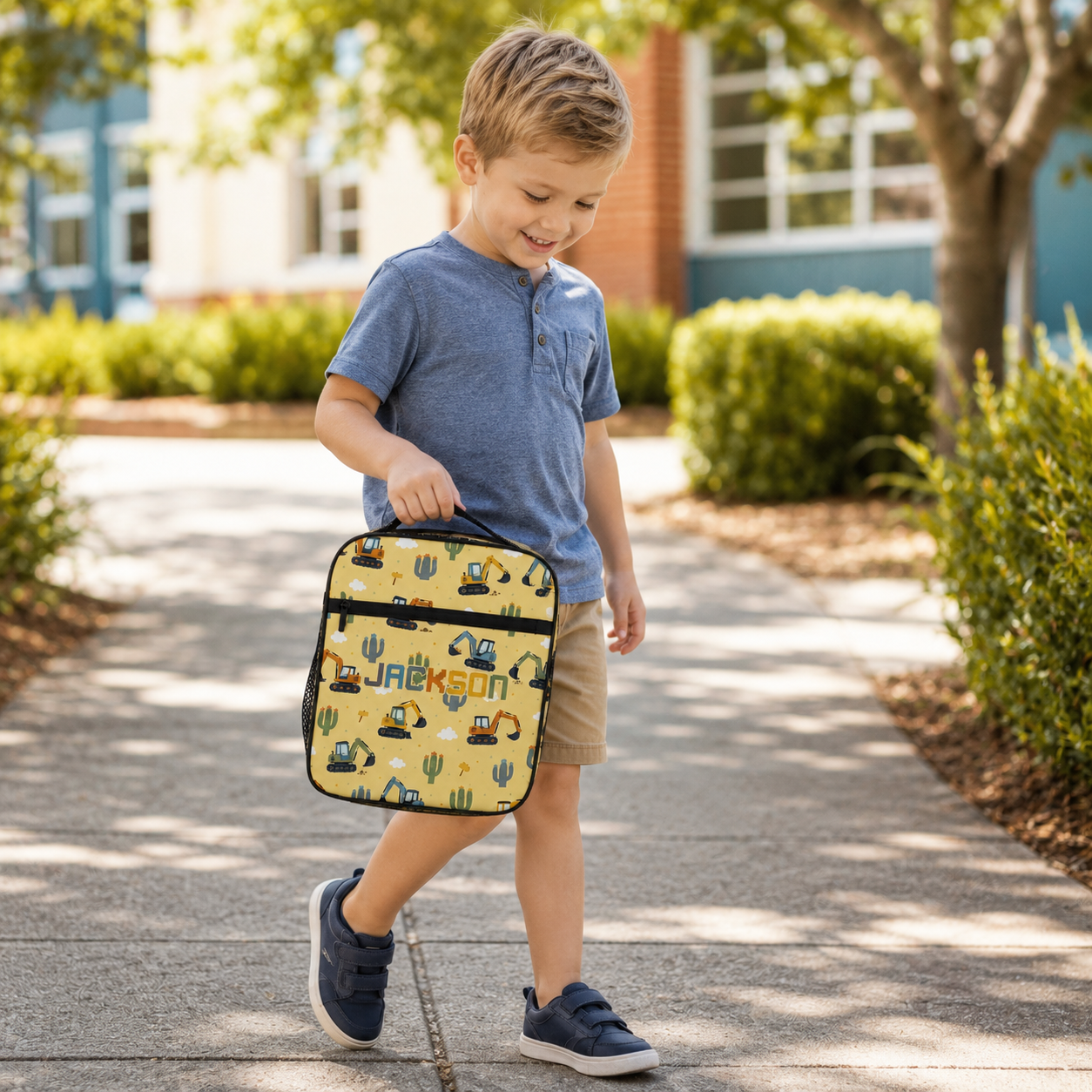 Personalized Cute Animal Friends Pastel Yellow Preschool Toddler Girl Back To School Insulated Reusable Snack Lunch Bag