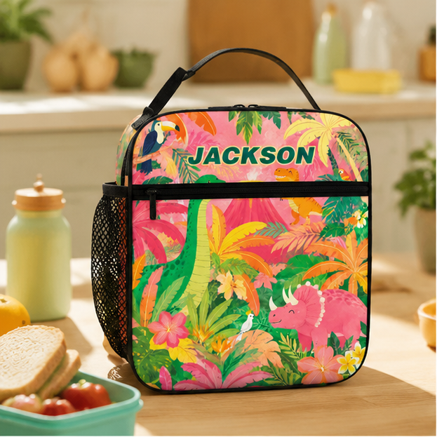 Personalized Tropical Jungle Palm Leaves Tiger Parrot Bright Colorful Kids Summer Vacation School Insulated Lunch Bag