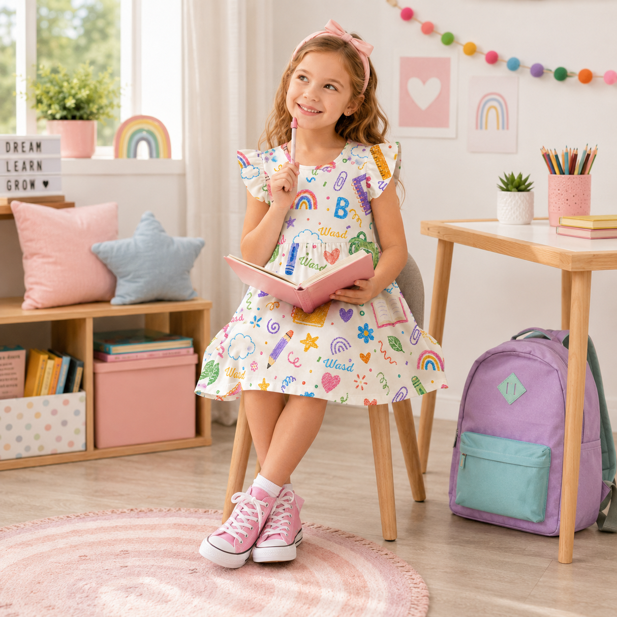 Personalized Colorful Back To School Classroom Icons Sisters Matching Book Pencil Crayon Bus Print Coquette Ruffle Dress