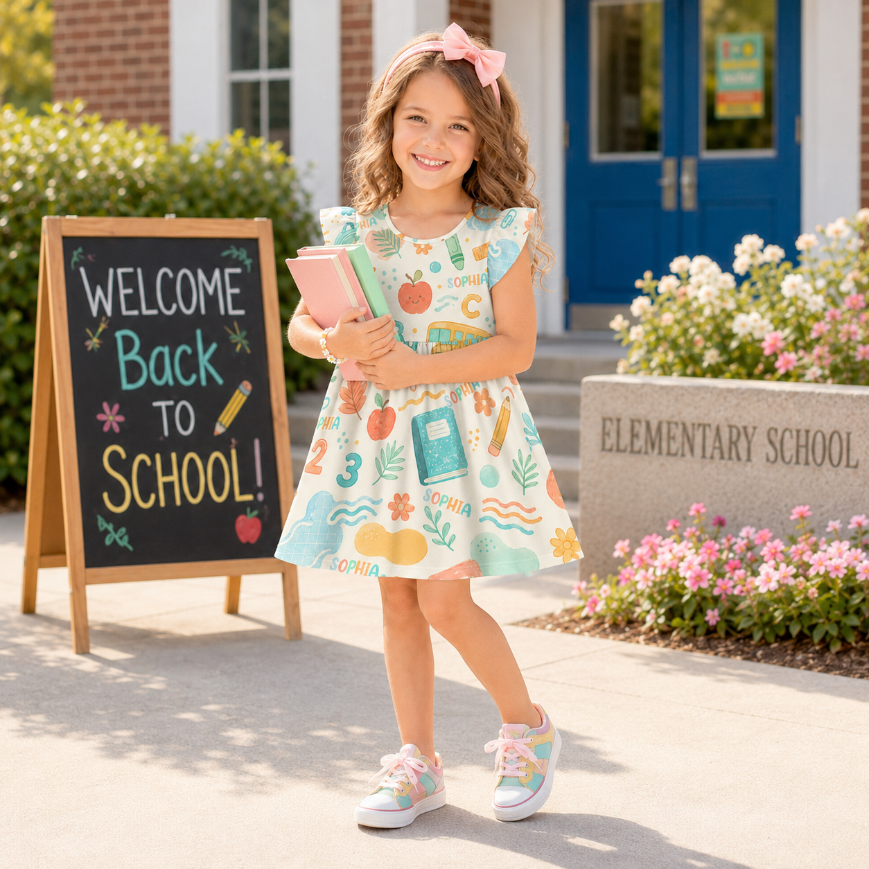 Personalized Back To School Classroom Supplies Books Crayons Apples Pastel Rainbow Teacher Student Print Coquette Ruffle Dress