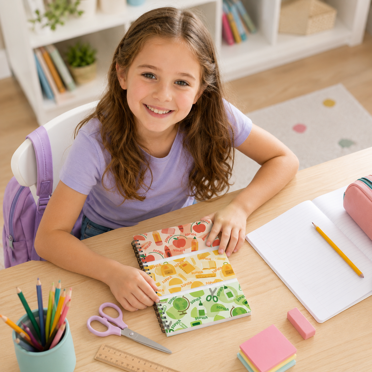 Personalized Rainbow Color Block School Supplies Icons Apples Crayons Scissors Ruler Back To School Spiral Notebook