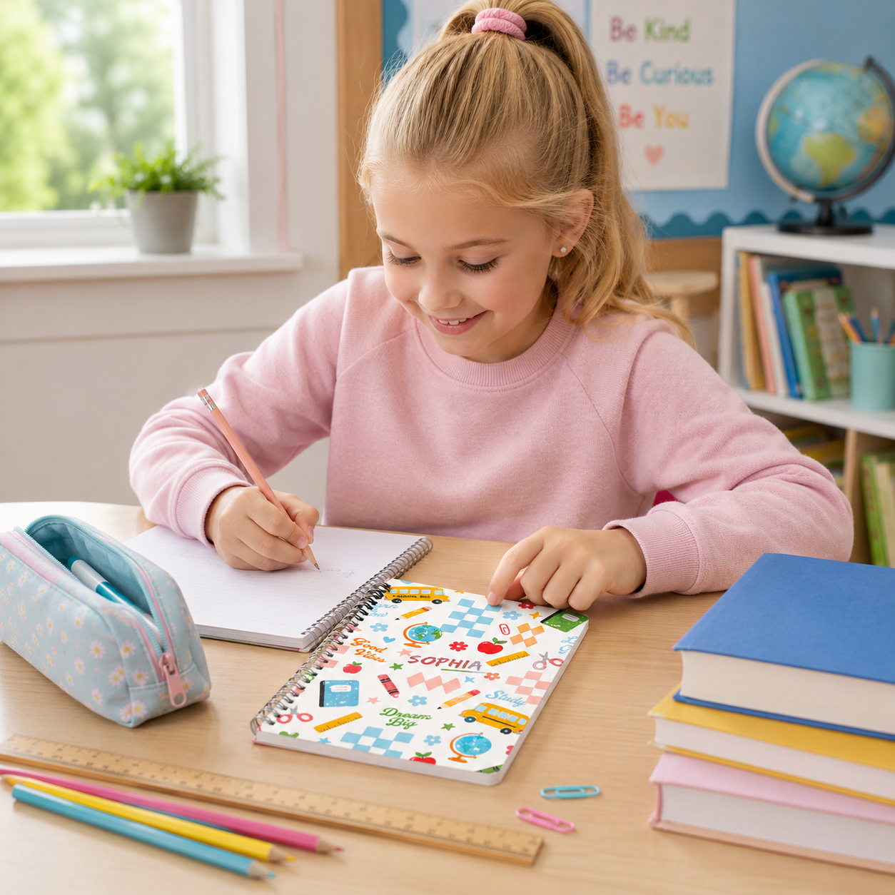 Personalized Cute School Doodles Hand Drawn Pencils Books Buses Hearts Stars Back To School Kids Spiral Notebook