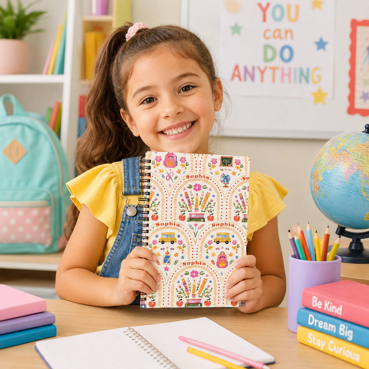 Personalized Boho Rainbow Flowers School Supplies Doodles Books Pencils Hearts Stars Back To School Spiral Notebook