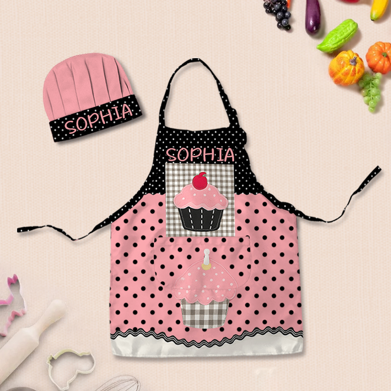 Personalized Polka Dot Color Block Cake Adjustable Kid Apron Chef Hat Set with Pocket and Name for Cooking Baking Birthday Holiday Gift for Kids