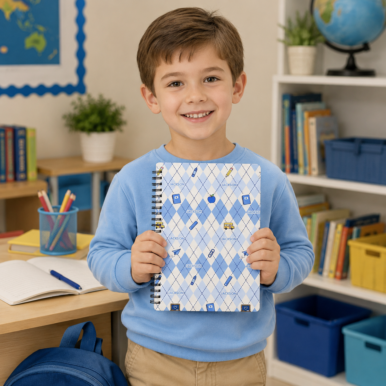 Personalized Pastel Argyle School Icons Pattern Pencils Books Apples Stars Hearts Back To School Spiral Notebook