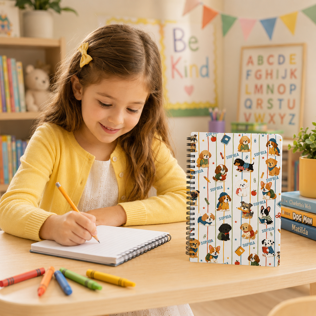 Personalized Cute School Dogs Pattern Backpacks Books Pencils Apples Hearts Back To School Kids Spiral Notebook