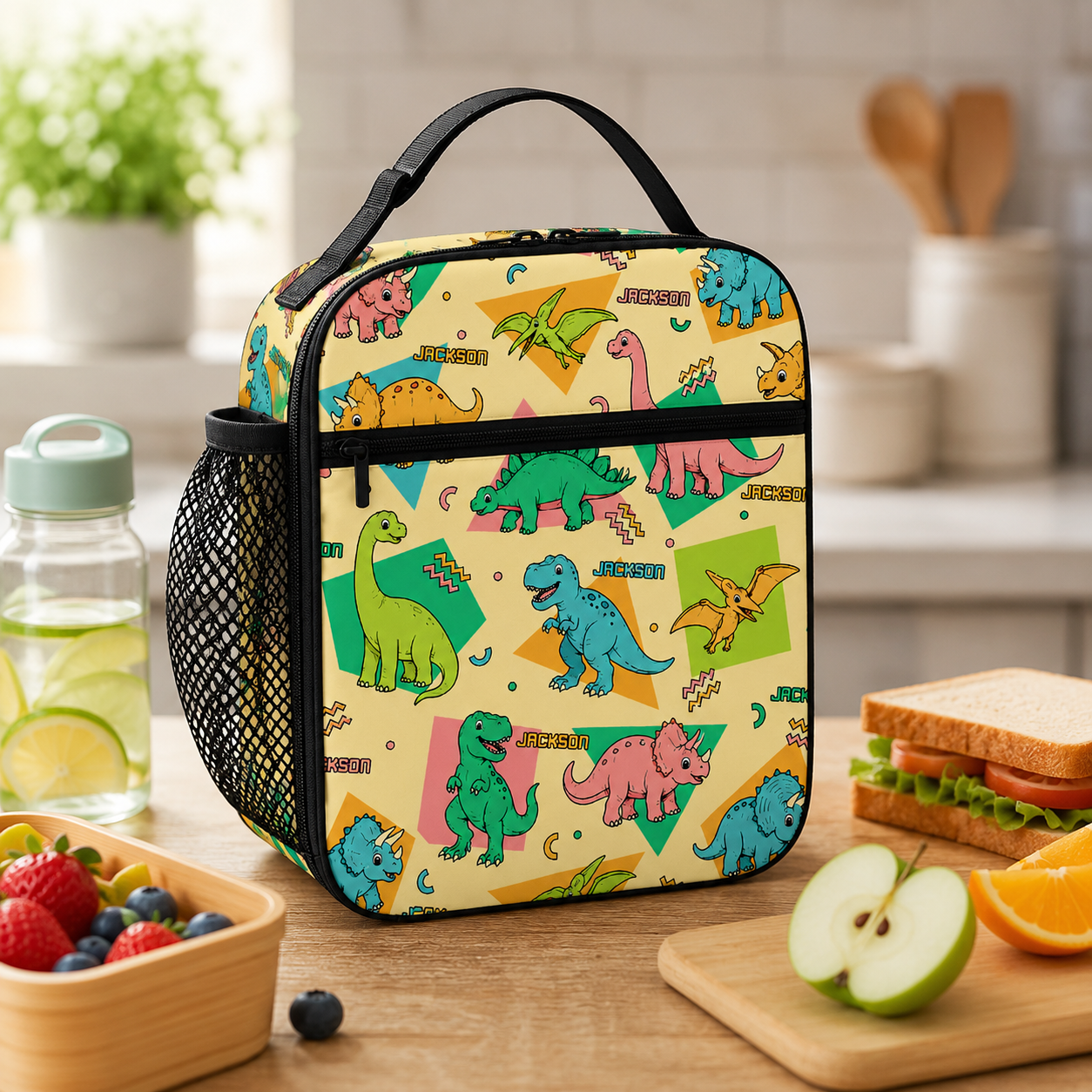 Personalized Colorful Cartoon Dinosaur Kids Back To School Insulated Reusable Snack And Meal Tote Box Lunch Bag
