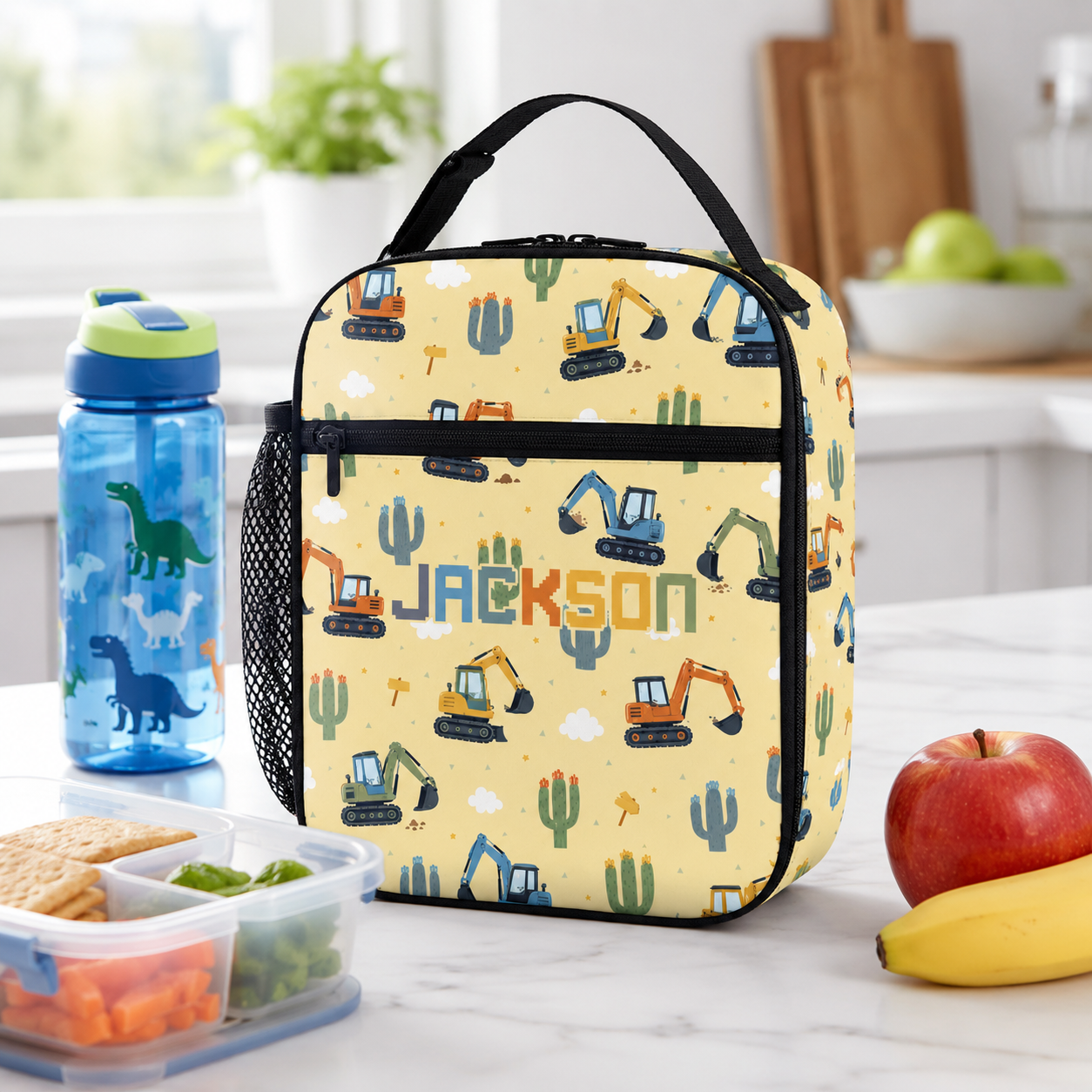 Personalized Cute Animal Friends Pastel Yellow Preschool Toddler Girl Back To School Insulated Reusable Snack Lunch Bag