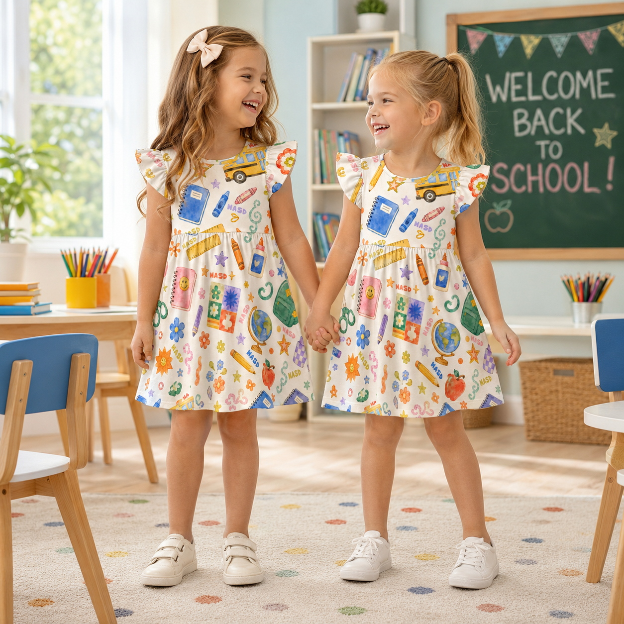Personalized Back To School Classroom Icons Book Pencil Bus Apple Crayon Print For Little Girls Coquette Ruffle Dress