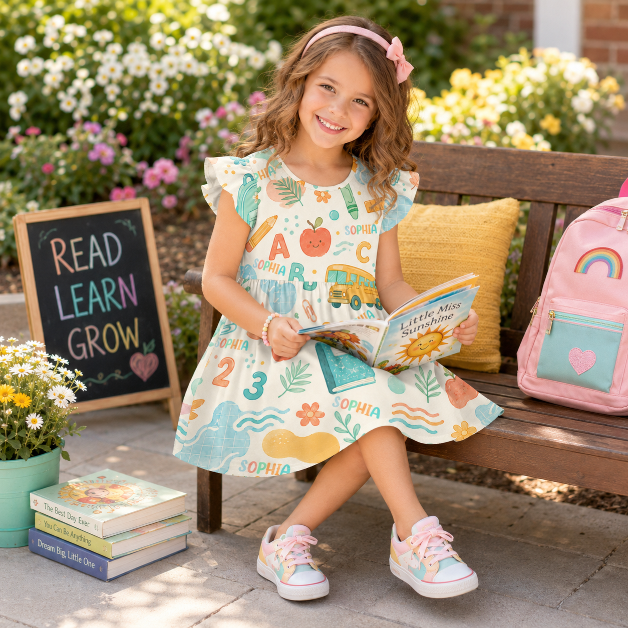 Personalized Back To School Classroom Supplies Books Crayons Apples Pastel Rainbow Teacher Student Print Coquette Ruffle Dress