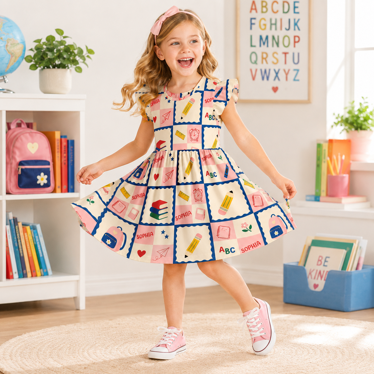 Personalized Back To School Classroom Icons Grid Crayons Books Bus Glue Apples Ruler Pastel Blocks Print Coquette Ruffle Dress