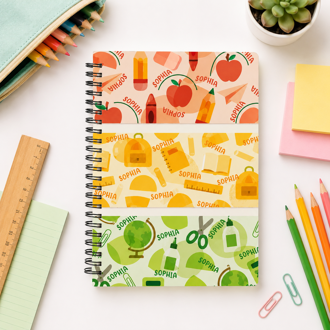 Personalized Rainbow Color Block School Supplies Icons Apples Crayons Scissors Ruler Back To School Spiral Notebook