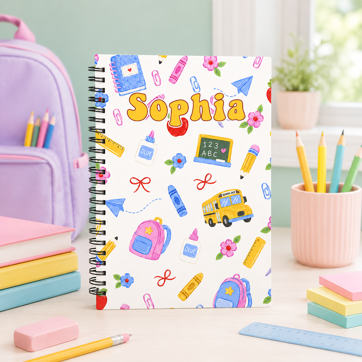 Personalized Cute Back To School Supplies Pastel Backpacks Pencils Chalkboard Bus Stars Kids Spiral Notebook