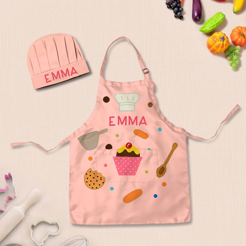 Personalized Cooking Elements Adjustable Kid Apron Chef Hat Set with Pocket and Name for Cooking Baking Birthday Holiday Gift for Kids