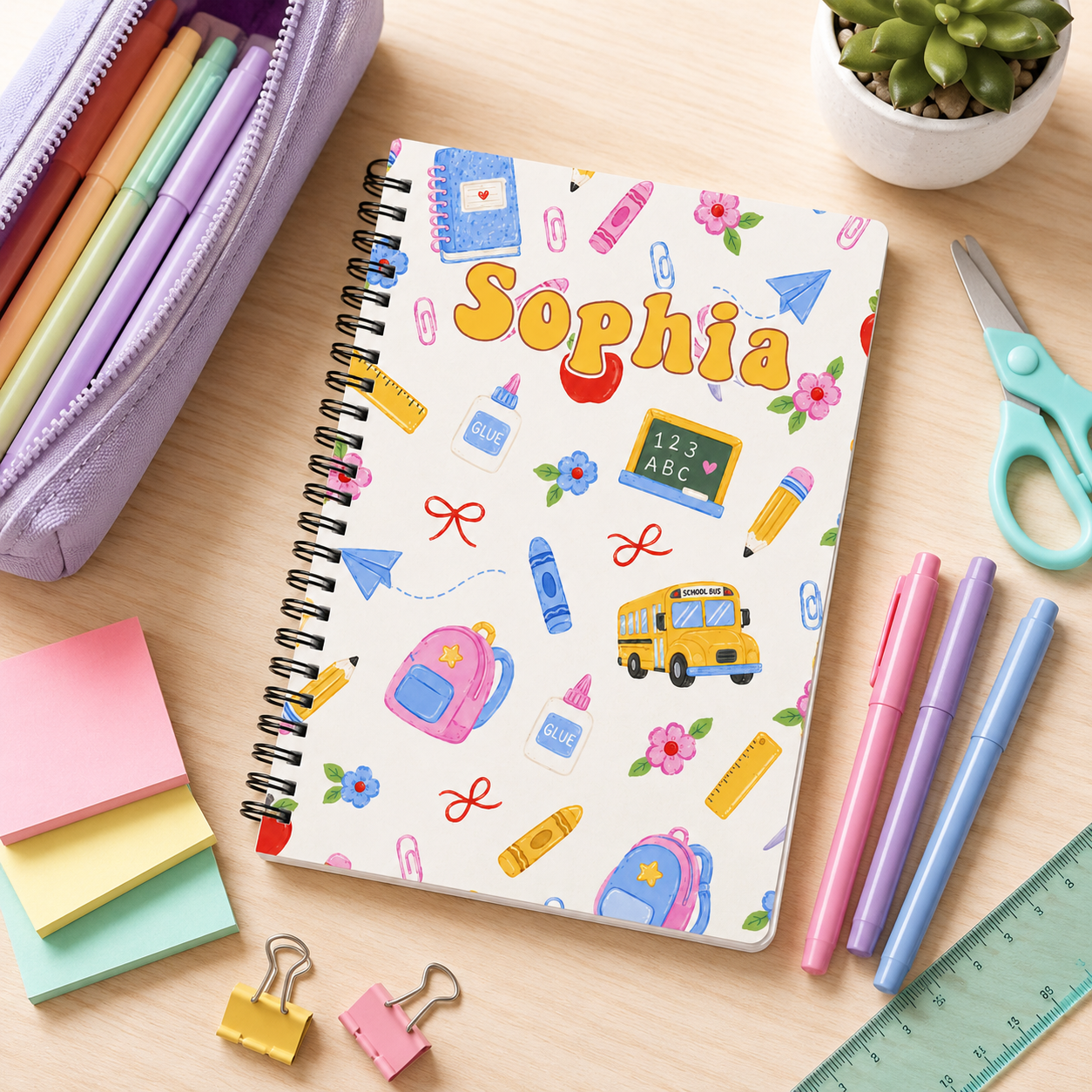 Personalized Cute Back To School Supplies Pastel Backpacks Pencils Chalkboard Bus Stars Kids Spiral Notebook