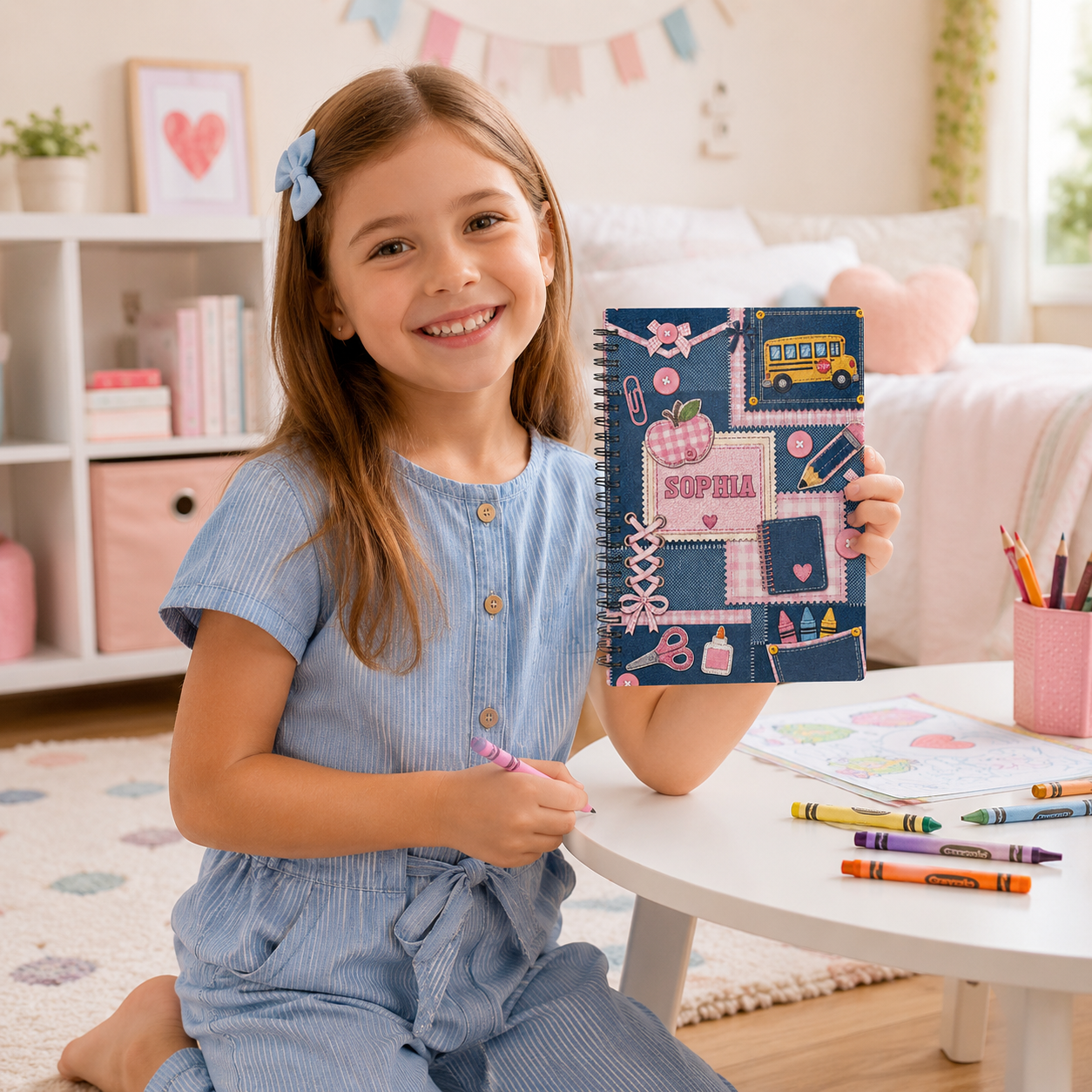 Personalized Denim Patchwork School Icons Pencils Bus Apple Hearts Stitched Pink Blue Back To School Spiral Notebook
