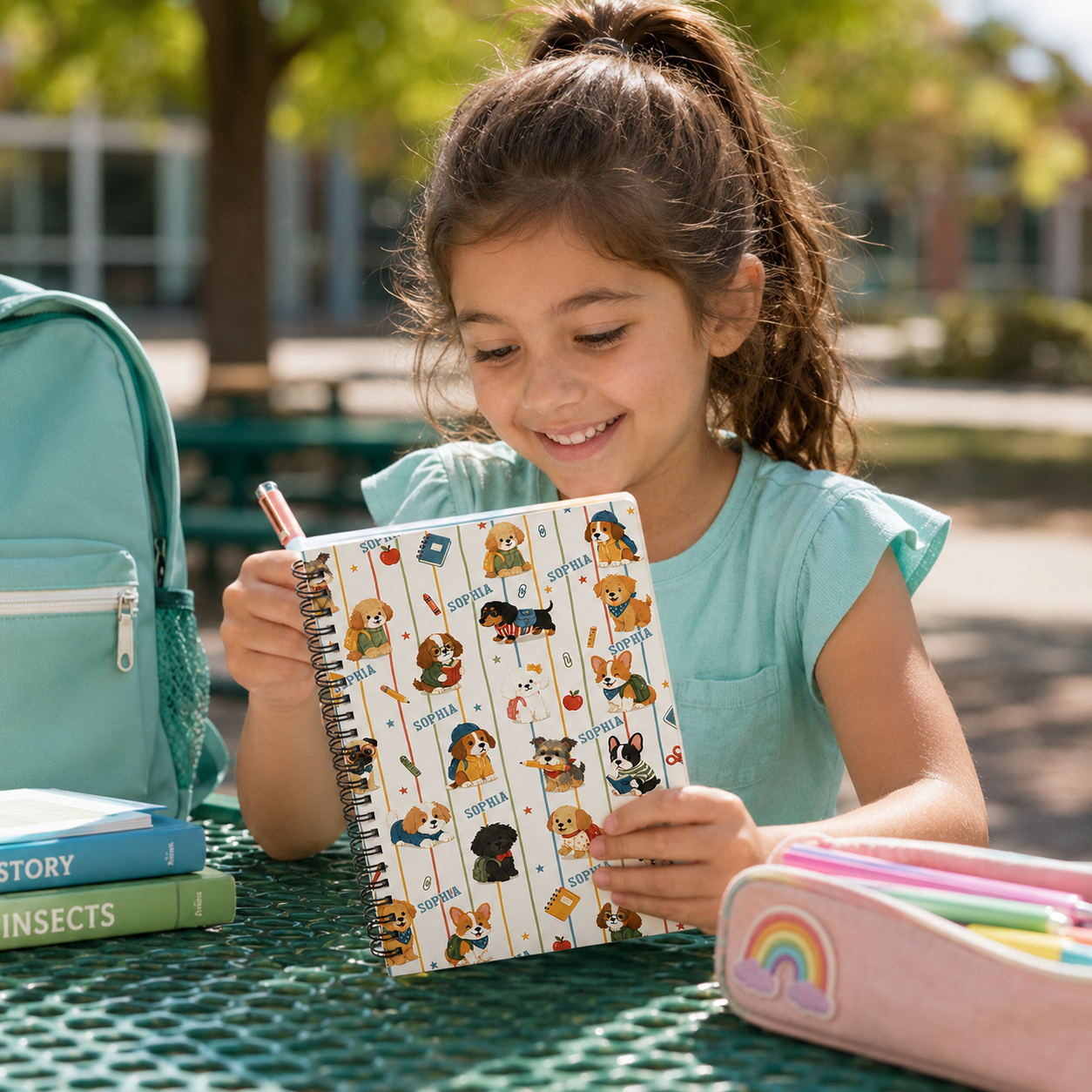 Personalized Cute School Dogs Pattern Backpacks Books Pencils Apples Hearts Back To School Kids Spiral Notebook