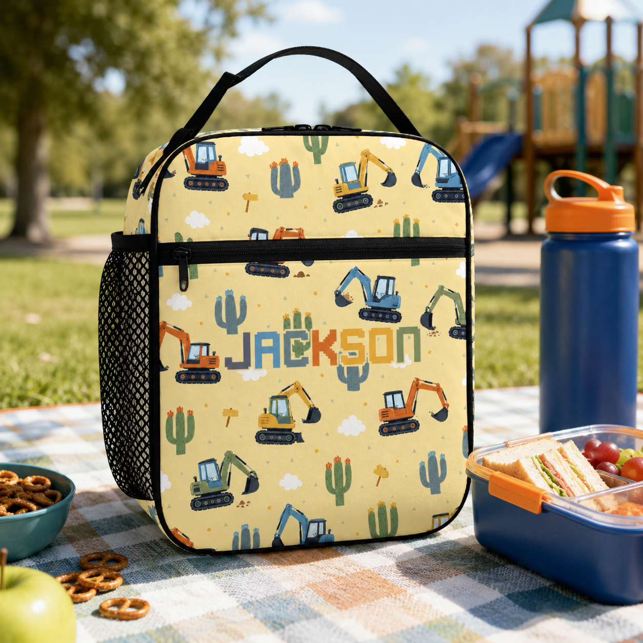 Personalized Cute Animal Friends Pastel Yellow Preschool Toddler Girl Back To School Insulated Reusable Snack Lunch Bag