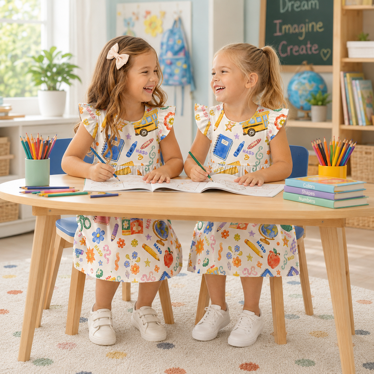 Personalized Back To School Classroom Icons Book Pencil Bus Apple Crayon Print For Little Girls Coquette Ruffle Dress