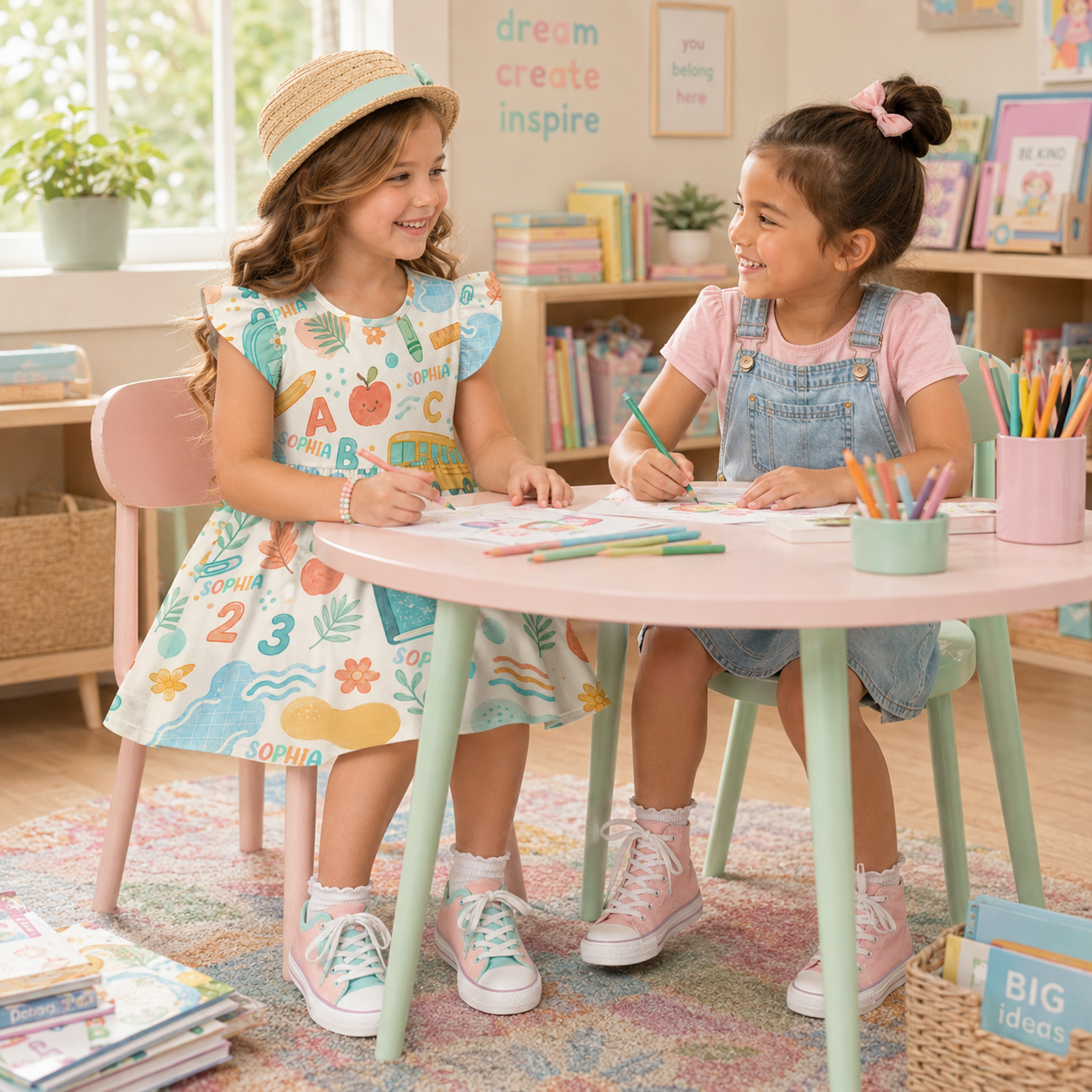 Personalized Back To School Classroom Supplies Books Crayons Apples Pastel Rainbow Teacher Student Print Coquette Ruffle Dress