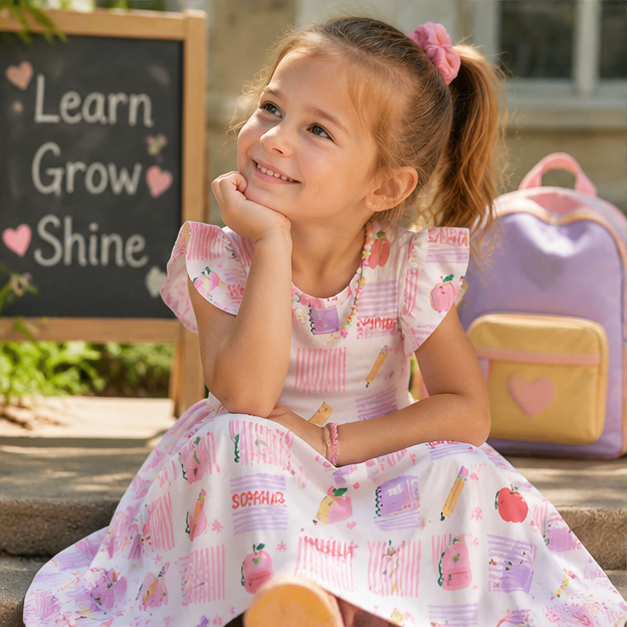 Personalized Cute Back To School Icons Pencils Crayons Glue Backpack Apples Books Pastel Classroom Print Coquette Ruffle Dress
