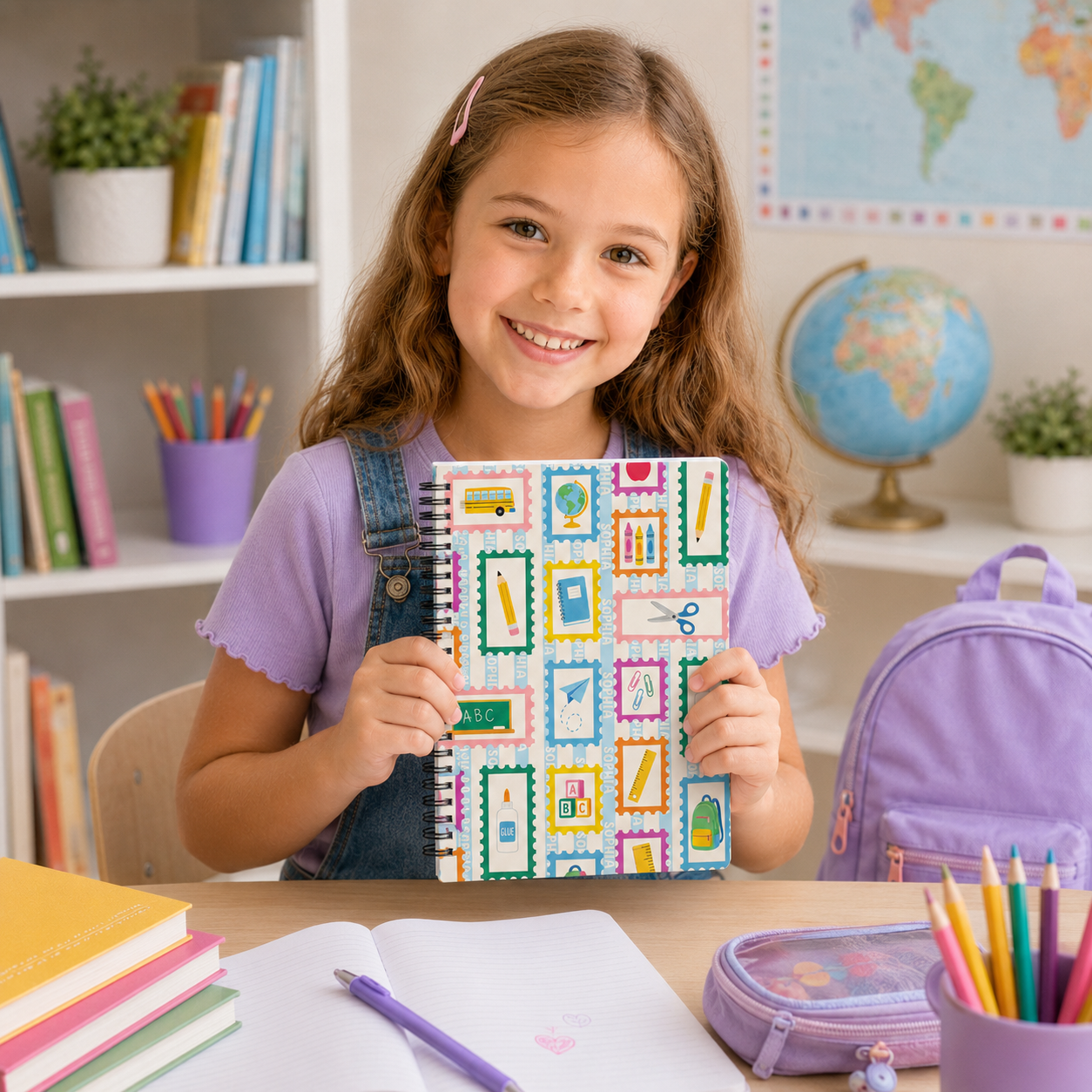 Personalized Colorful School Icons Pencils Books Apples Crayons Rainbow Back To School Kids Name Spiral Notebook