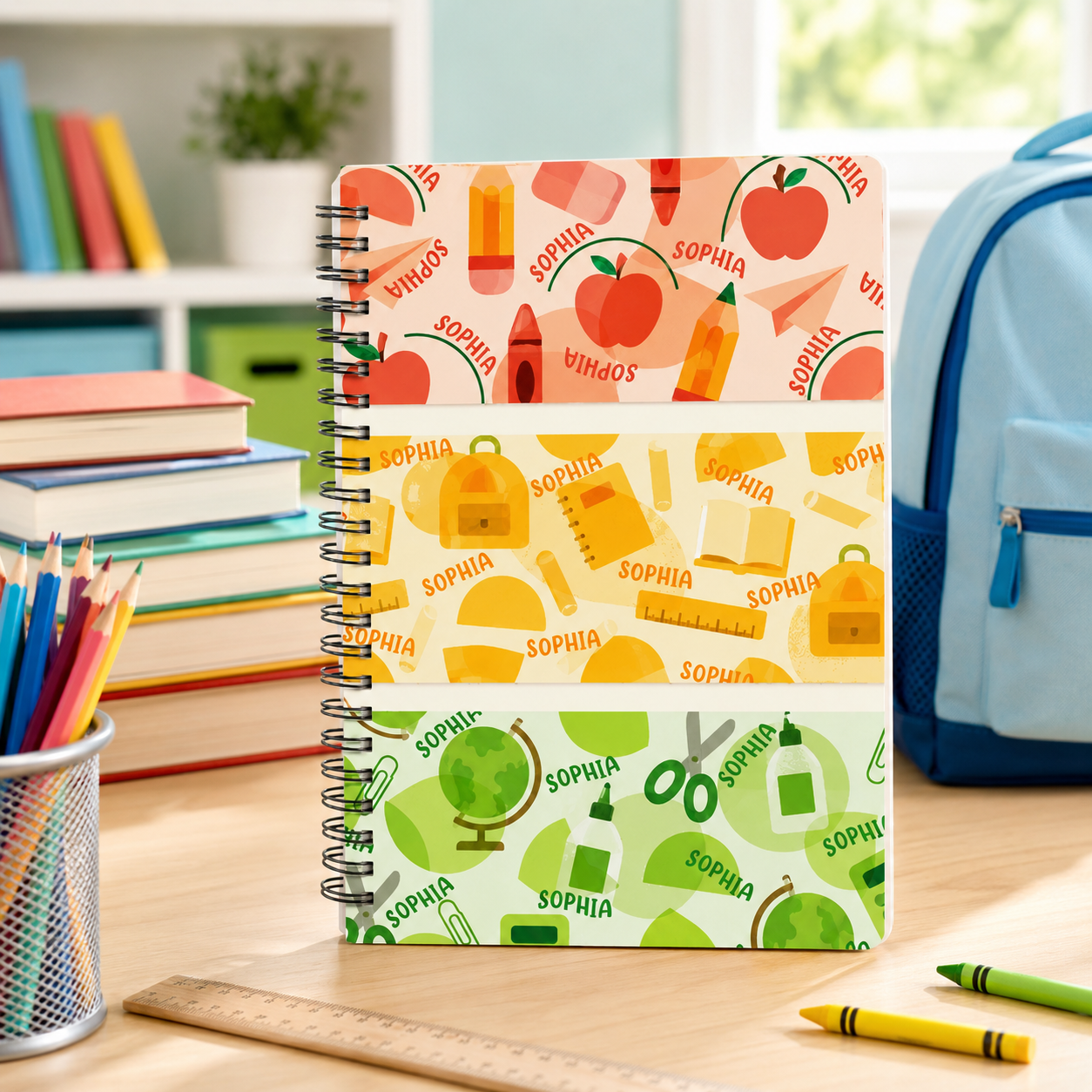 Personalized Rainbow Color Block School Supplies Icons Apples Crayons Scissors Ruler Back To School Spiral Notebook