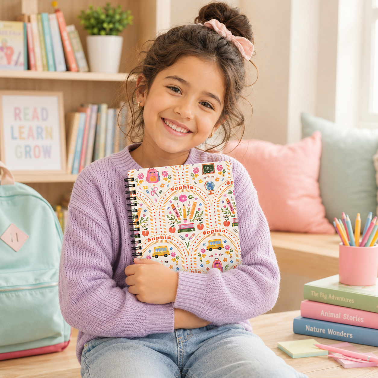Personalized Boho Rainbow Flowers School Supplies Doodles Books Pencils Hearts Stars Back To School Spiral Notebook
