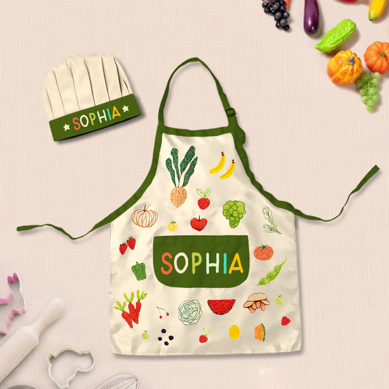 Personalized Hand Drawn Fruits Vegetables Adjustable Kid Apron Chef Hat Set with Pocket and Name for Cooking Baking Birthday Holiday Gift for Kids