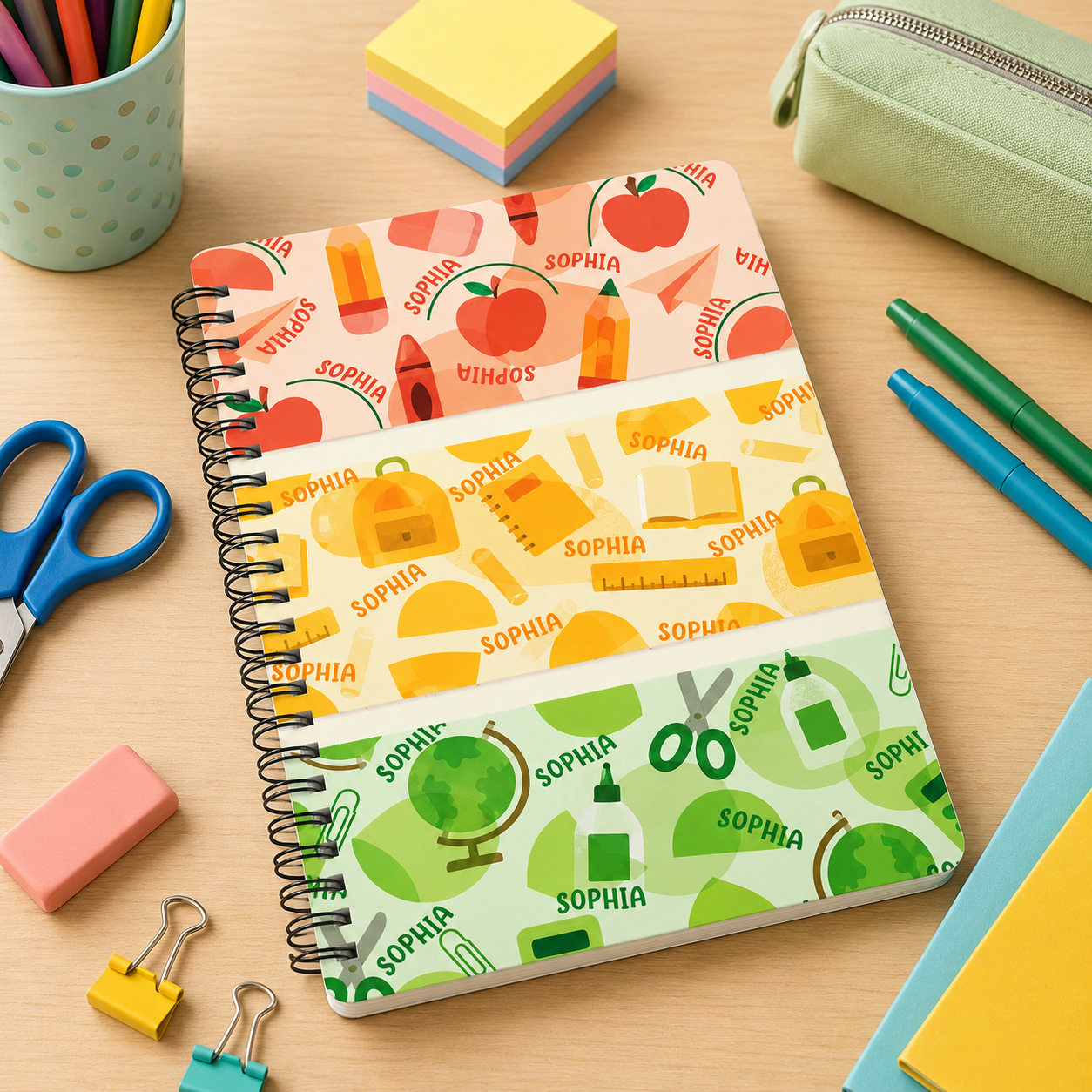 Personalized Rainbow Color Block School Supplies Icons Apples Crayons Scissors Ruler Back To School Spiral Notebook