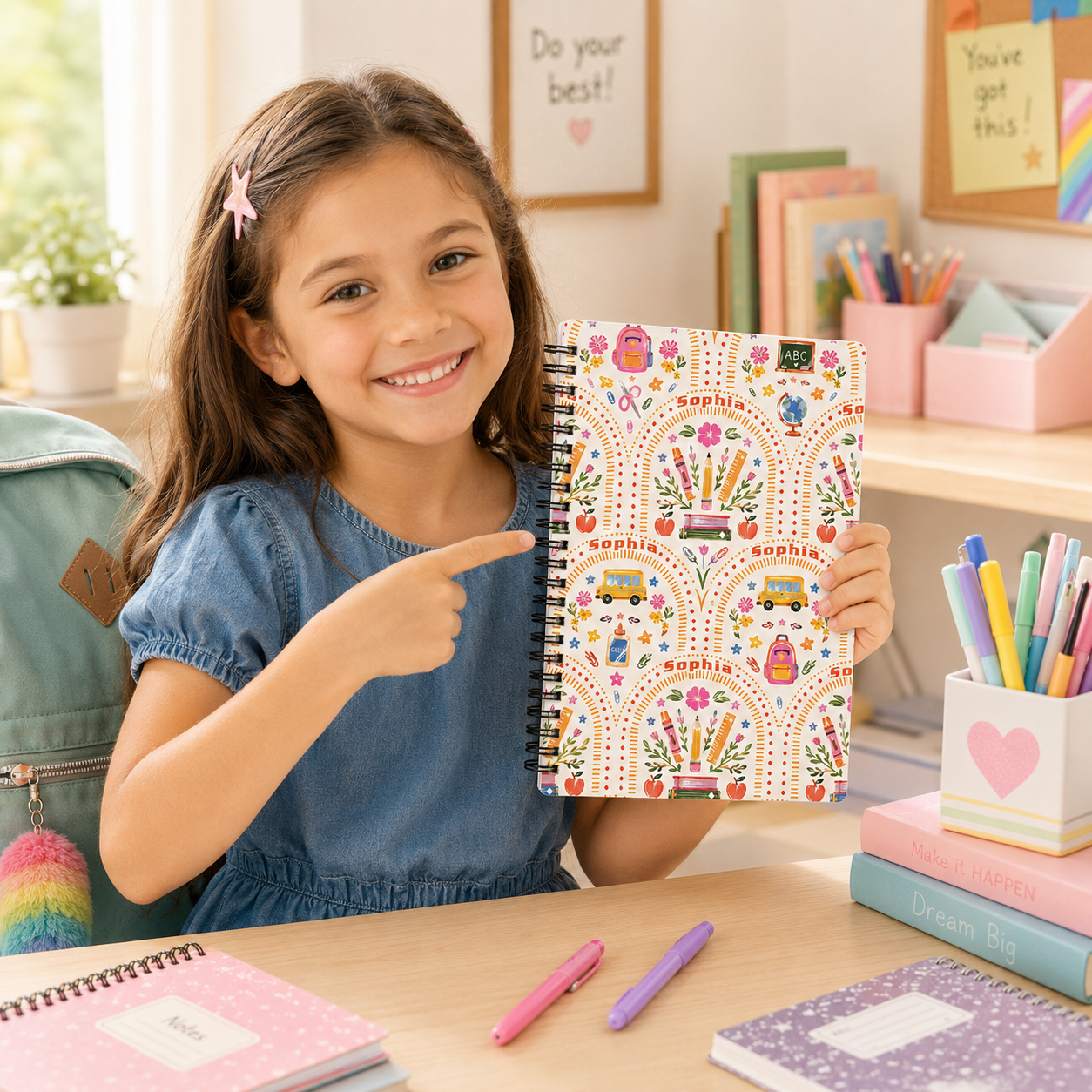 Personalized Boho Rainbow Flowers School Supplies Doodles Books Pencils Hearts Stars Back To School Spiral Notebook