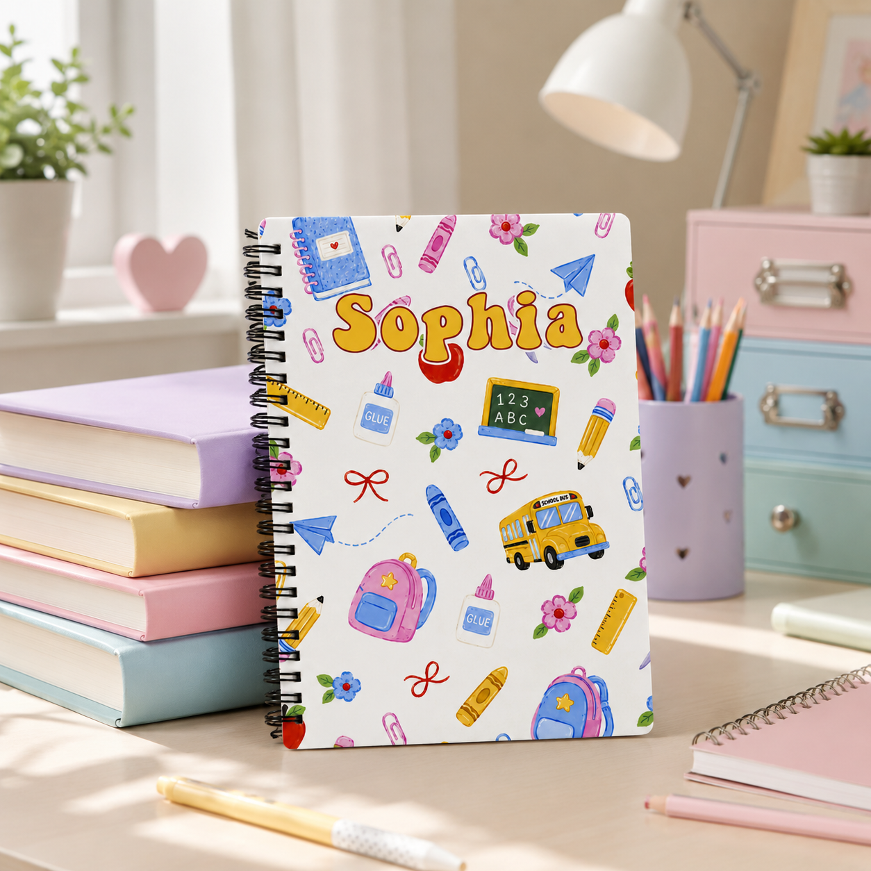Personalized Cute Back To School Supplies Pastel Backpacks Pencils Chalkboard Bus Stars Kids Spiral Notebook