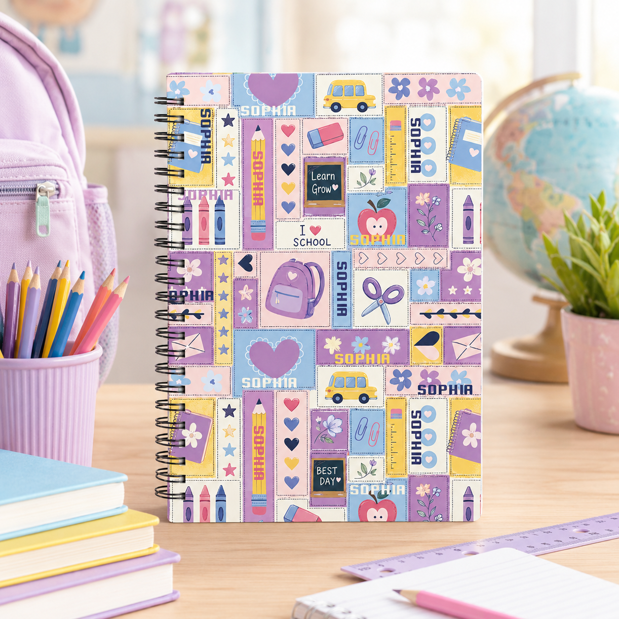Personalized Colorful School Stickers Icons Pencils Books Apples Rainbows Back To School Kids Spiral Notebook