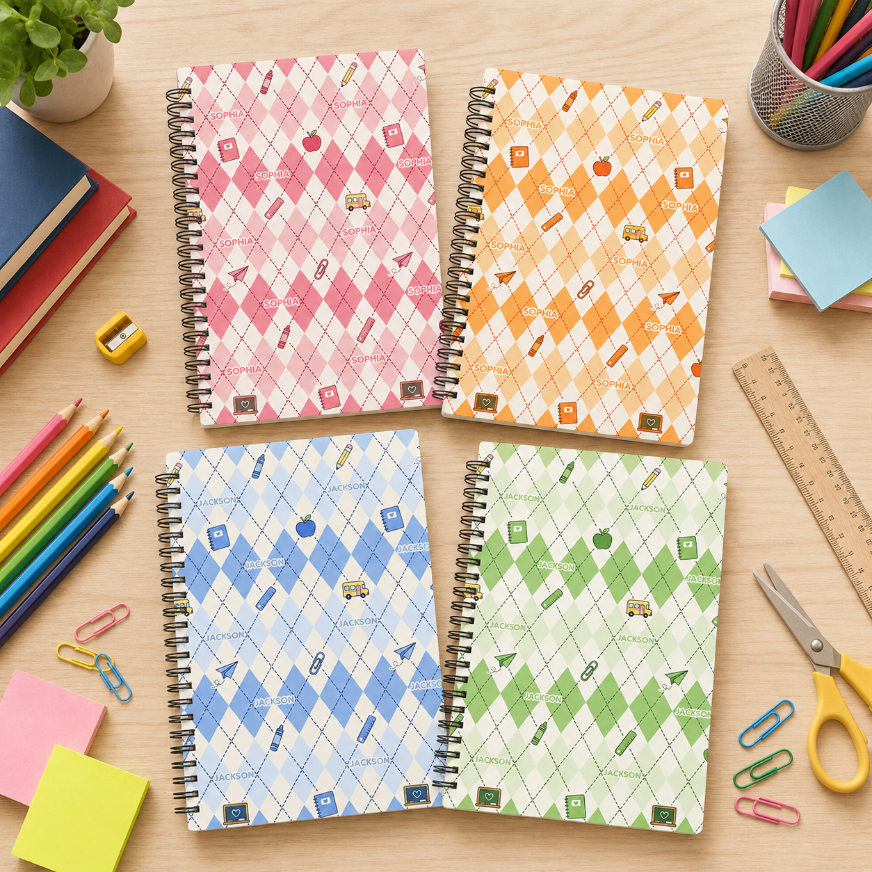 Personalized Pastel Argyle School Icons Pattern Pencils Books Apples Stars Hearts Back To School Spiral Notebook