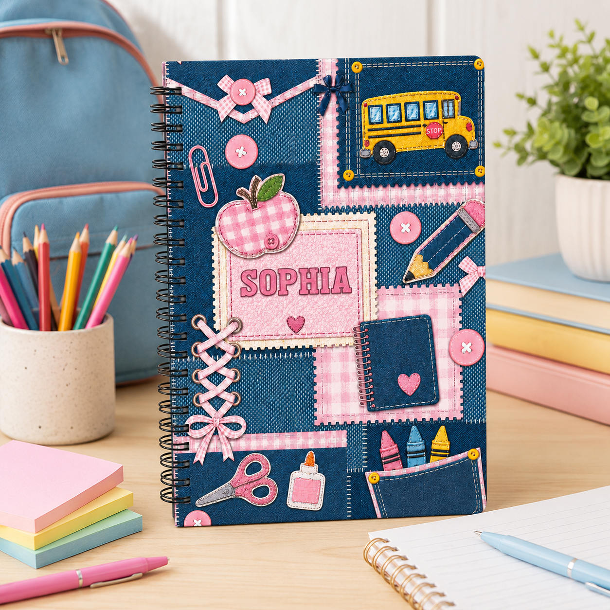 Personalized Denim Patchwork School Icons Pencils Bus Apple Hearts Stitched Pink Blue Back To School Spiral Notebook