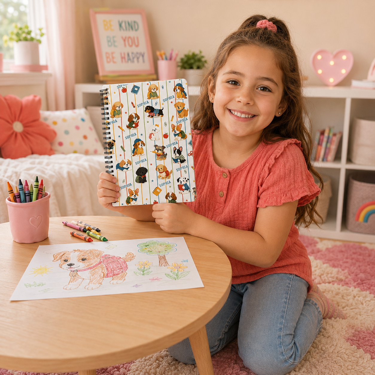 Personalized Cute School Dogs Pattern Backpacks Books Pencils Apples Hearts Back To School Kids Spiral Notebook