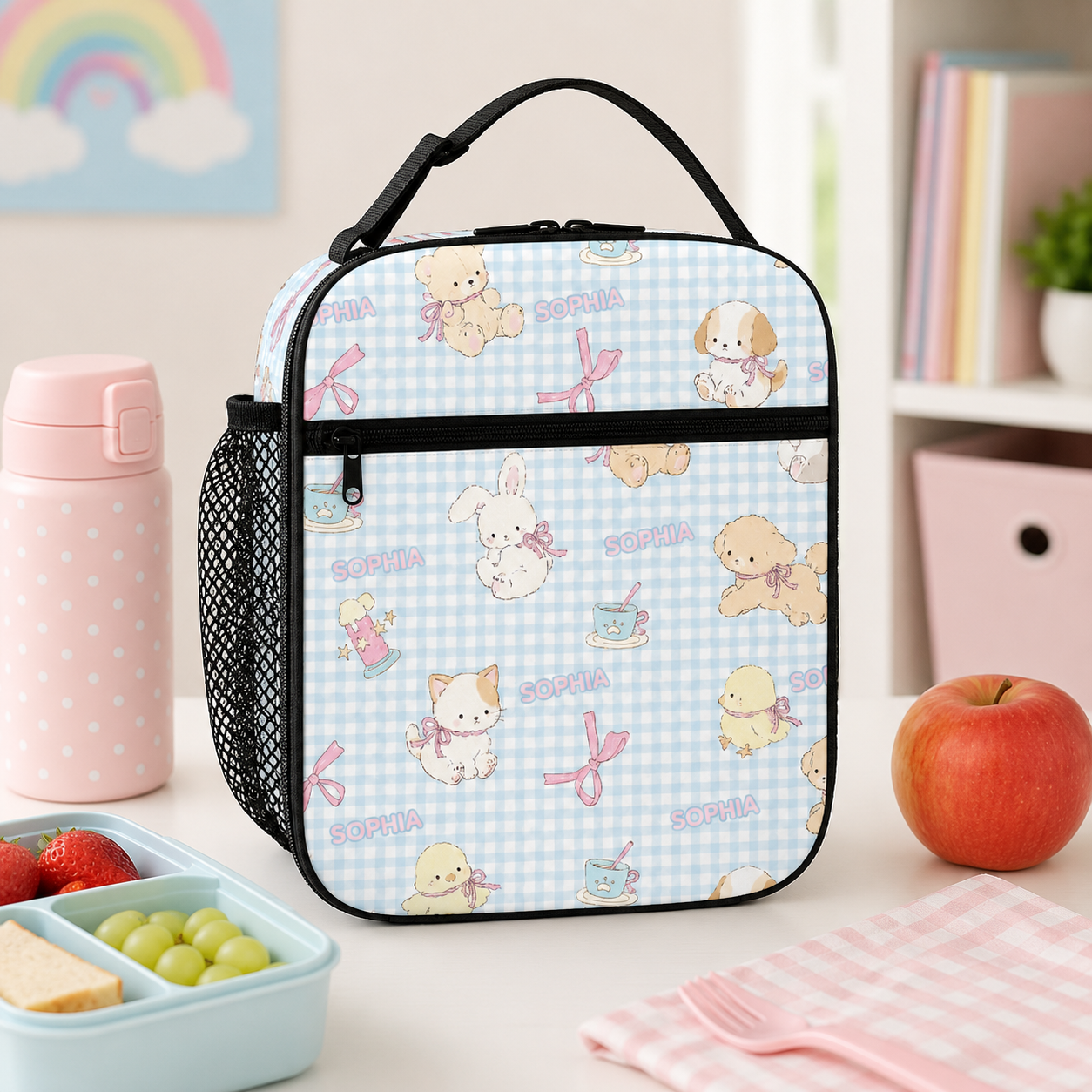 Personalized Pastel Ballerina Bunnies Rainbows Hearts Kids Name Cute Girly Pattern Nursery Style Insulated Lunch Bag
