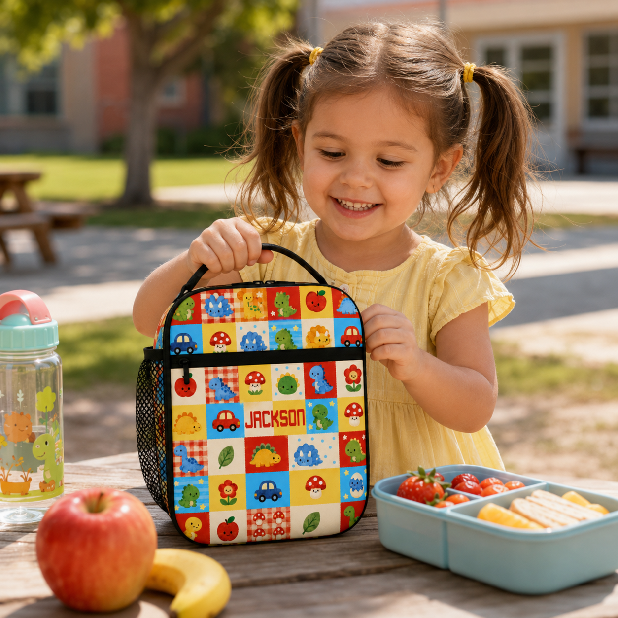Personalized Bright Arcade Game Icons Pixel Monsters Joystick Retro Gamer Kids Name Colorful Blocks Pattern Insulated Lunch Bag
