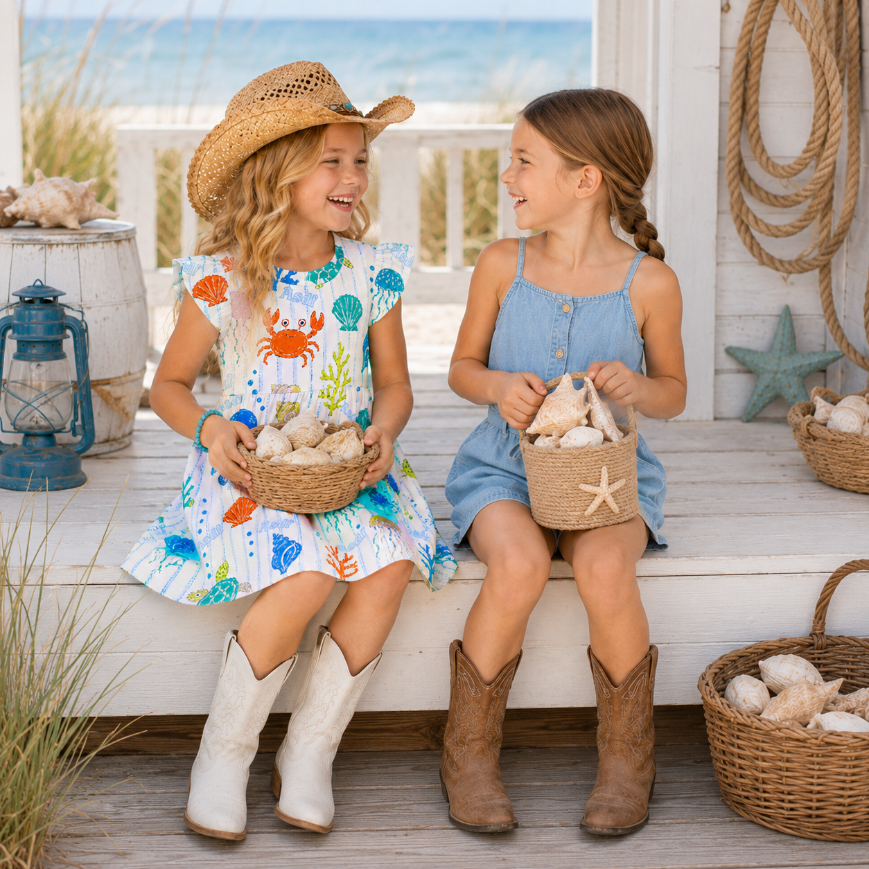 Personalized Colorful Sea Creature Print Beach Holiday Summer Outfit For Little Girls Coquette Ruffle Dress