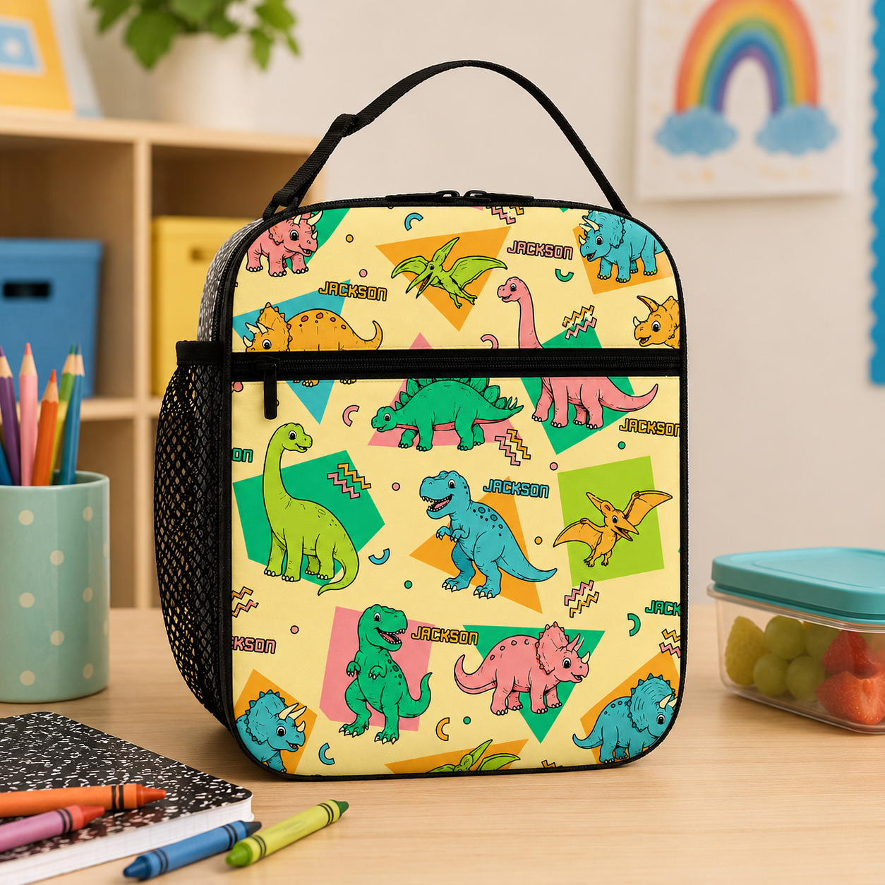 Personalized Colorful Cartoon Dinosaur Kids Back To School Insulated Reusable Snack And Meal Tote Box Lunch Bag