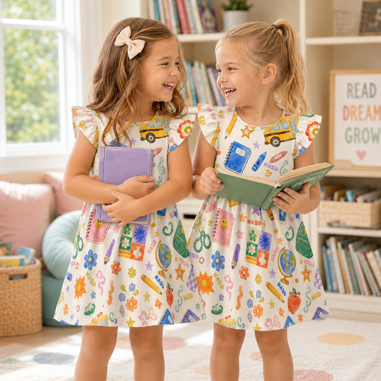 Personalized Back To School Classroom Icons Book Pencil Bus Apple Crayon Print For Little Girls Coquette Ruffle Dress