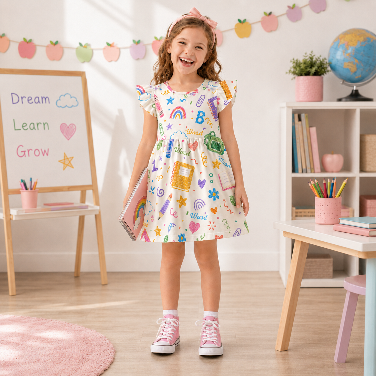 Personalized Colorful Back To School Classroom Icons Sisters Matching Book Pencil Crayon Bus Print Coquette Ruffle Dress