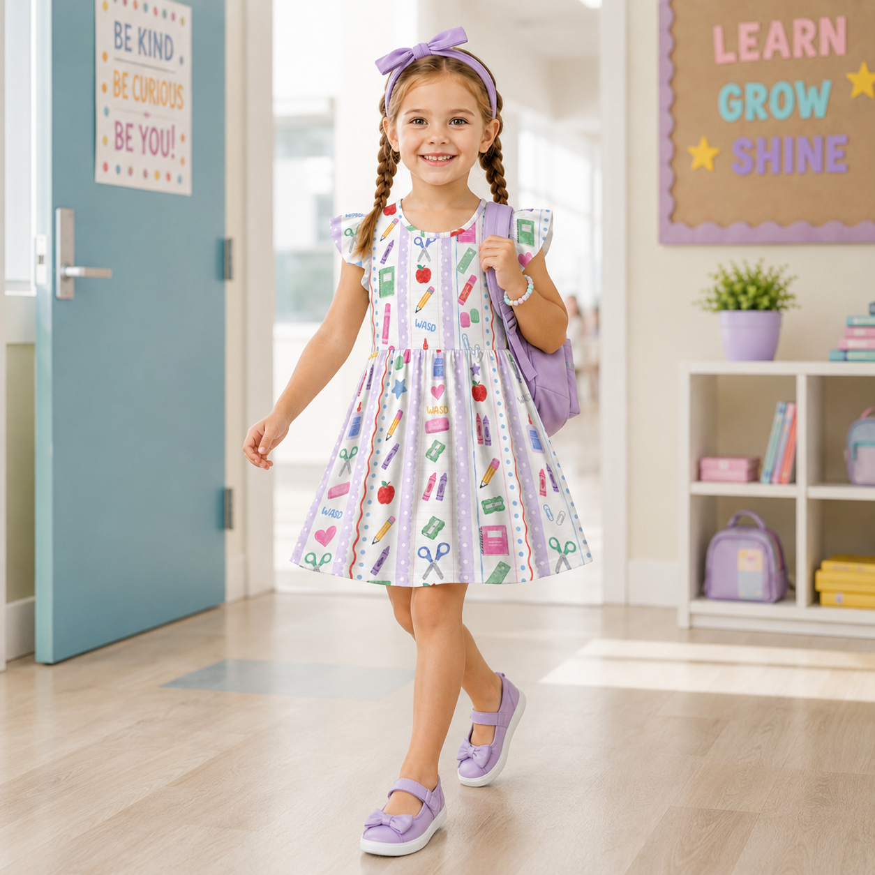 Personalized Cute Teacher Classroom Supplies Pencil Apple Ruler Notebook Rainbow Print Back To School Coquette Ruffle Dress