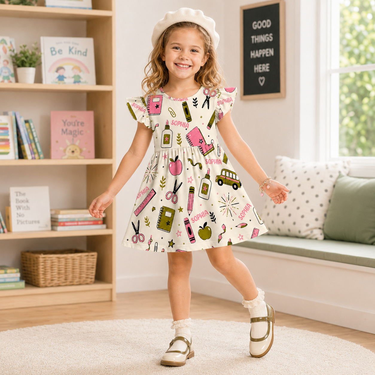 Personalized Back To School Classroom Buses Chalkboards Crayons Books Apples Teacher Student Print Coquette Ruffle Dress